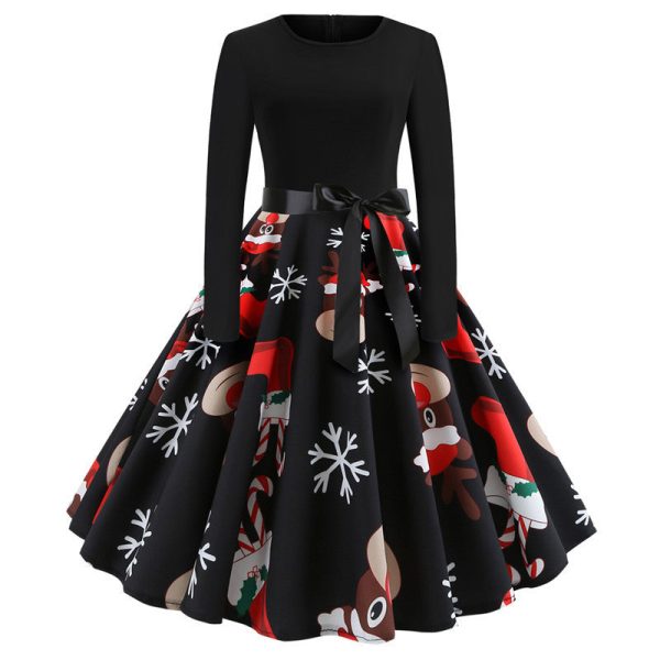 2020 Christmas Print Vintage Dress Long Sleeve