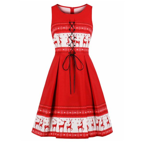 Christmas Vintage Elk Print Lace Up Flare Dress