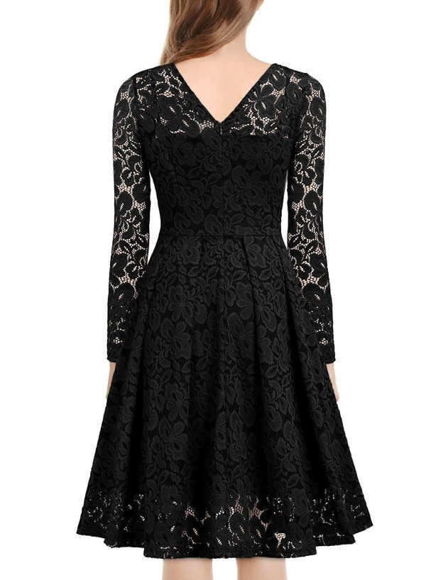 Christmas Dresses Women Lace V-neck Ruffle Hollow Out Midi dresses - Image 5