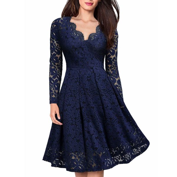 Christmas Dresses Women Lace V-neck Ruffle Hollow Out Midi dresses - Image 10