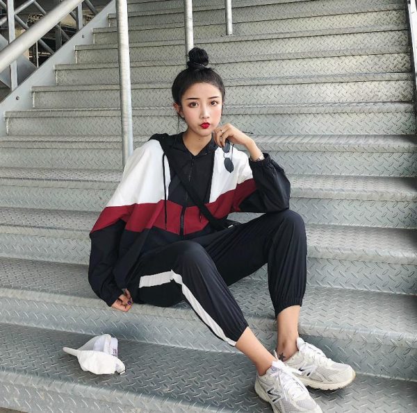 Color Blocking Women Hoodie Long Sleeve Hanging Straps Pullover