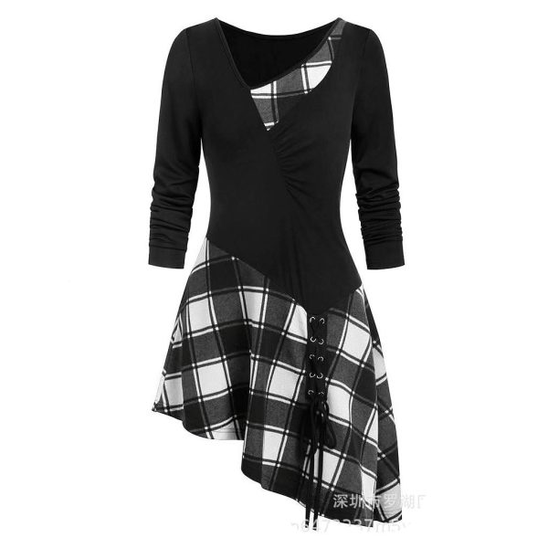 Asymmetry Plaid Ruched Lace Up T-shirt - Image 3