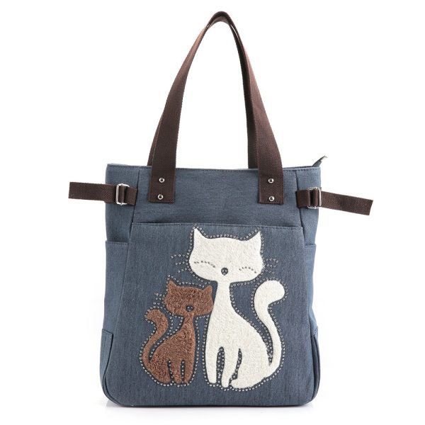 Cute Cat Print Beaded Zippered Canvas Handbag for Ladies - Image 4