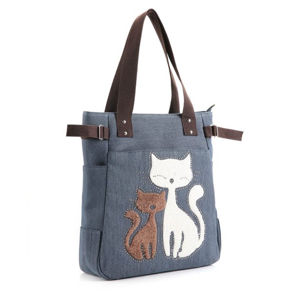 Cute Cat Print Beaded Zippered Canvas Handbag for Ladies - Image 2