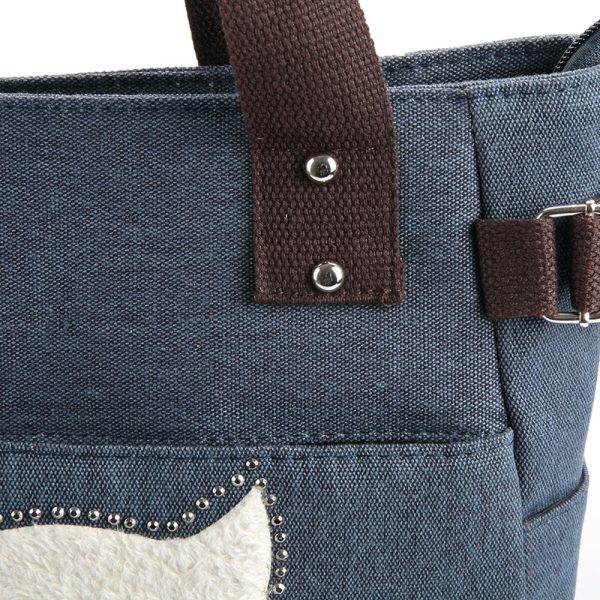 Cute Cat Print Beaded Zippered Canvas Handbag for Ladies - Image 7