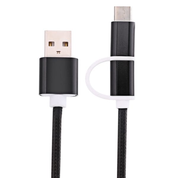 2 in 1 Micro USB Nylon Braided Charging Cord with Type-C Adapter 1m