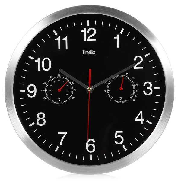 32cm Silent Wall Metal Clock Thermometer Hygrometer