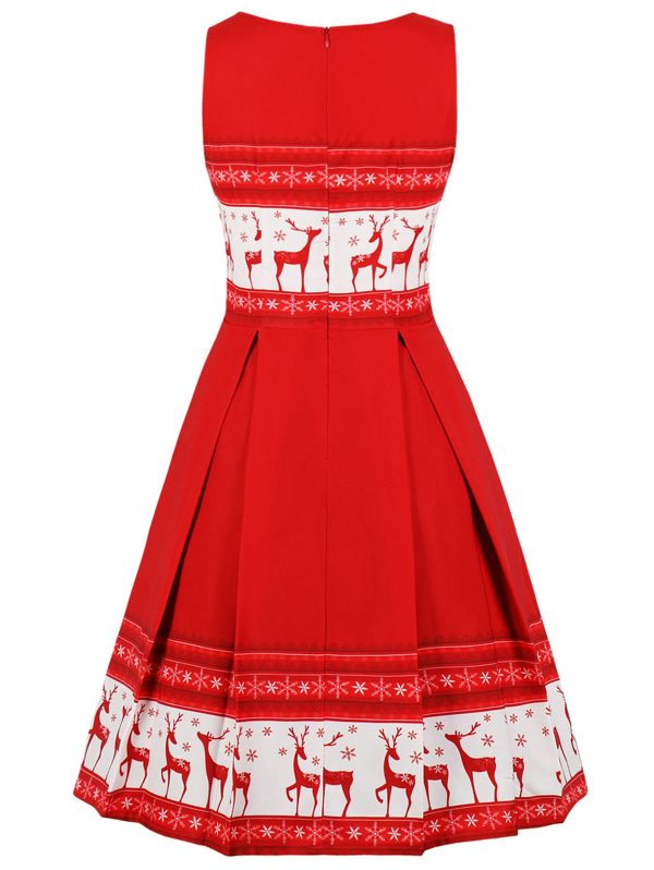 Christmas Vintage Elk Print Lace Up Flare Dress - Image 2