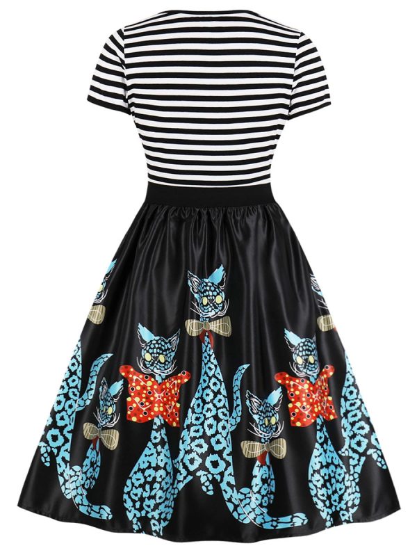 Cartoon Cat Striped Panel A Line Dress - Image 2