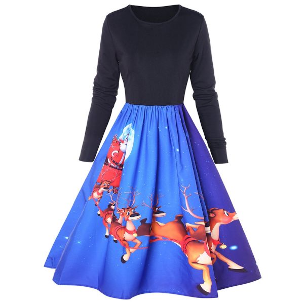 Christmas Elk Print Long Sleeve Swing Dress