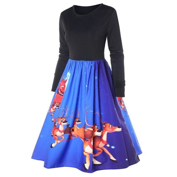 Christmas Elk Print Long Sleeve Swing Dress - Image 4
