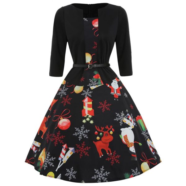 Christmas Print Three Qaurter Sleeve Dress