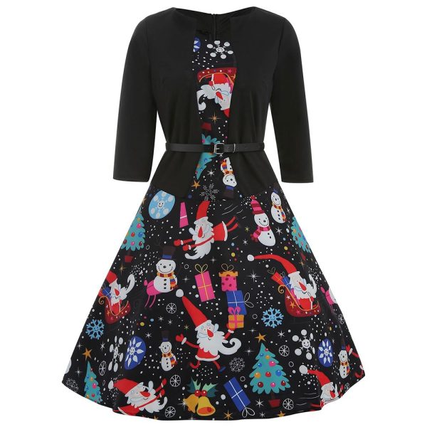 Christmas Snowman Print Three Quarter Sleeve Dress