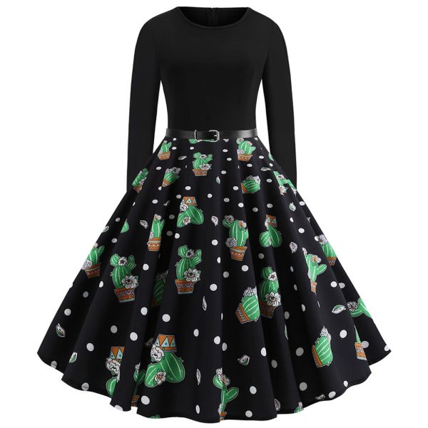 Cactus Print Long Sleeve Vintage Dress