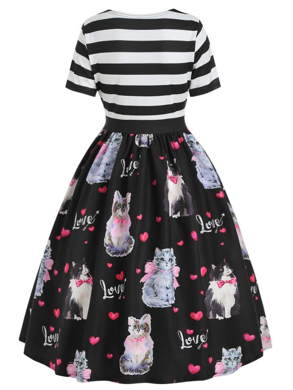 Cat Print A Line Vintage Dress - Image 2