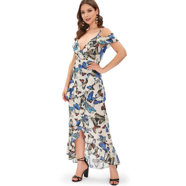 Butterfly Print Cold Shoulder Ruffle Dress - Image 2