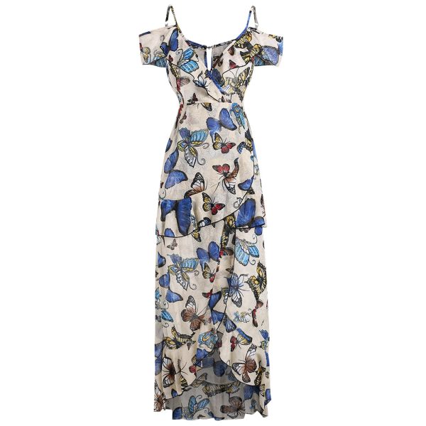 Butterfly Print Cold Shoulder Ruffle Dress - Image 6