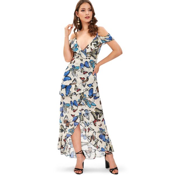 Butterfly Print Cold Shoulder Ruffle Dress - Image 4