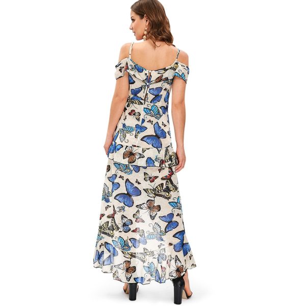 Butterfly Print Cold Shoulder Ruffle Dress - Image 5
