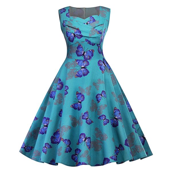 Butterfly Print Sweetheart Neck Flare Dress