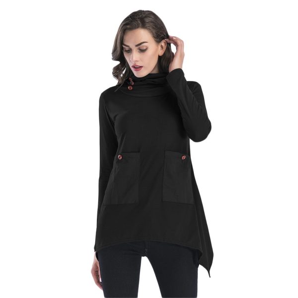 Cowl Neck Women Blouse Big Pocket Asymmetric Hem Long Sleeve T-shirt