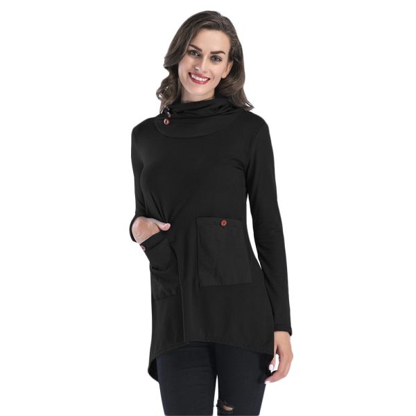 Cowl Neck Women Blouse Big Pocket Asymmetric Hem Long Sleeve T-shirt - Image 2