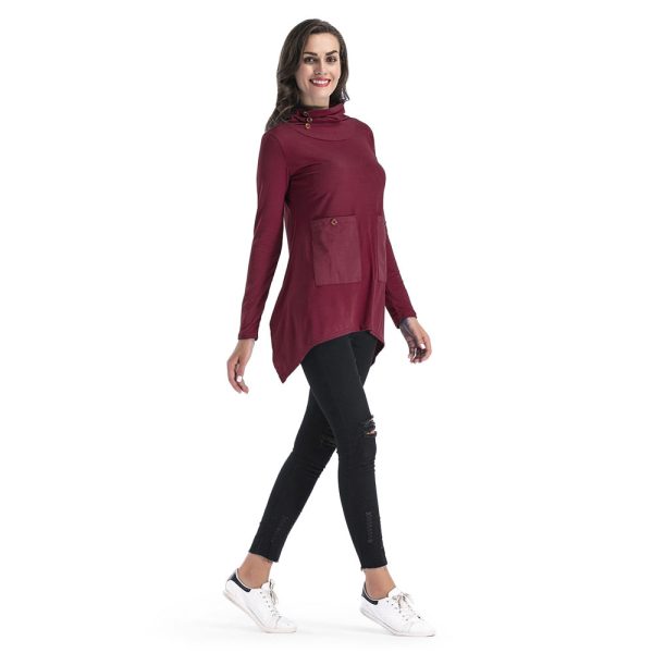 Cowl Neck Women Blouse Big Pocket Asymmetric Hem Long Sleeve T-shirt - Image 8