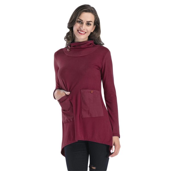 Cowl Neck Women Blouse Big Pocket Asymmetric Hem Long Sleeve T-shirt - Image 6