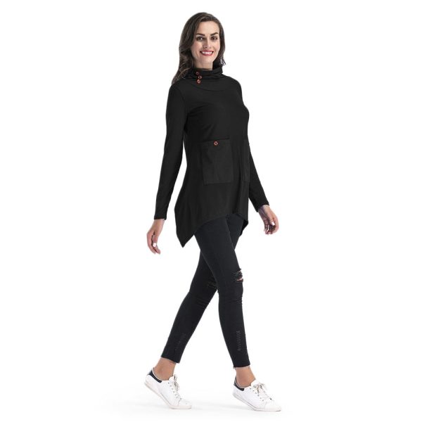 Cowl Neck Women Blouse Big Pocket Asymmetric Hem Long Sleeve T-shirt - Image 3