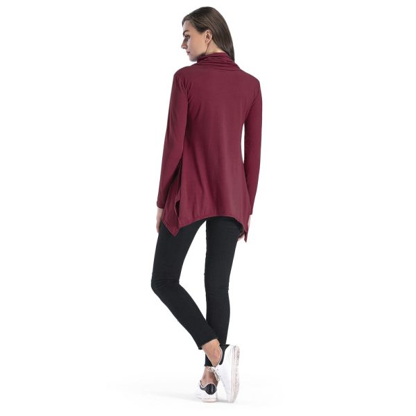 Cowl Neck Women Blouse Big Pocket Asymmetric Hem Long Sleeve T-shirt - Image 9