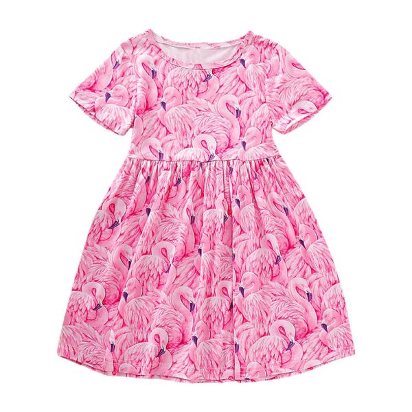 AD0018 Girls Dress Short Sleeve Round Neck Printed Bird Cute Pattern