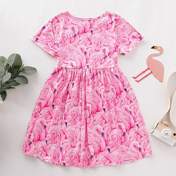 AD0018 Girls Dress Short Sleeve Round Neck Printed Bird Cute Pattern - Image 8