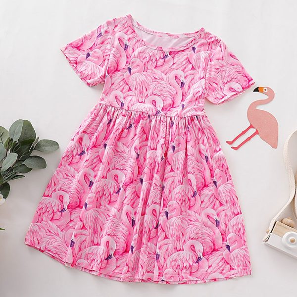 AD0018 Girls Dress Short Sleeve Round Neck Printed Bird Cute Pattern - Image 9