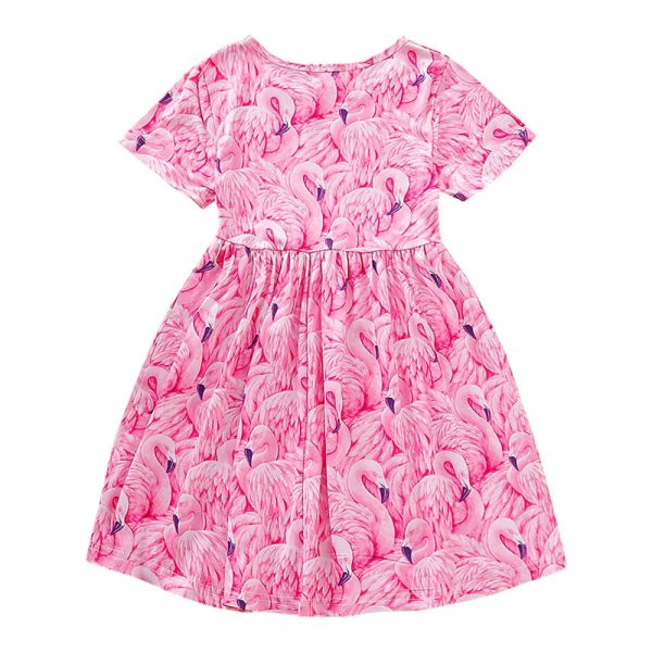 AD0018 Girls Dress Short Sleeve Round Neck Printed Bird Cute Pattern - Image 2