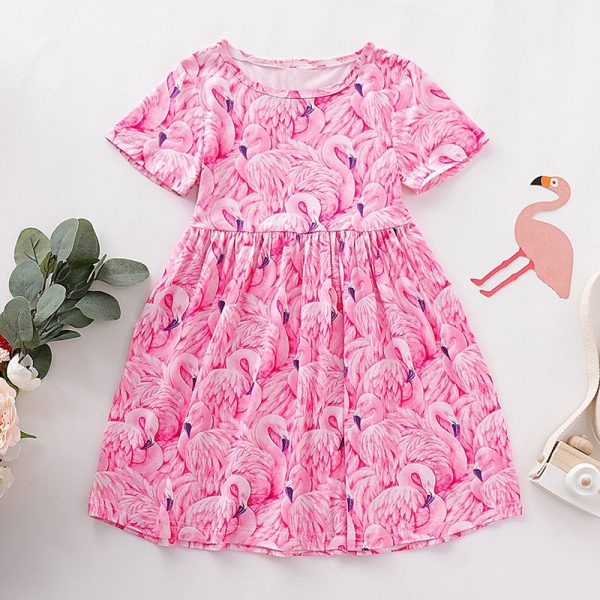 AD0018 Girls Dress Short Sleeve Round Neck Printed Bird Cute Pattern - Image 7
