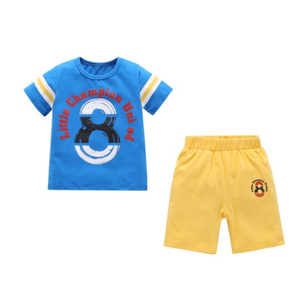 AB0008 Boys 2-piece Suit T-shirt Top Shorts Figure Printed Round Neck