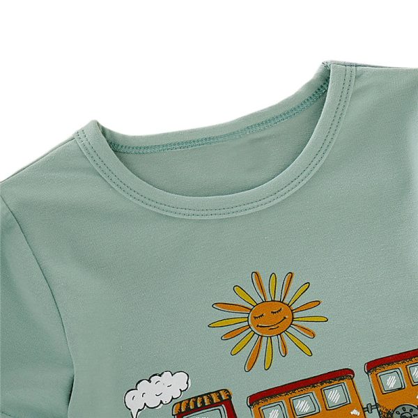AB0006 Boys 2-piece Suit T-shirt Shorts Train Sun Printed Round Neck - Image 4