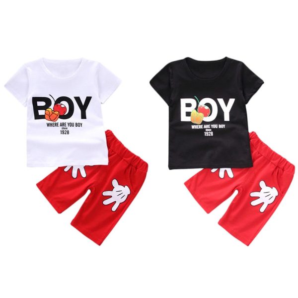 Boys 2-piece Suit T-shirt Shorts Cute Pattern Pockets Round Neck Short Sleeves - Image 6