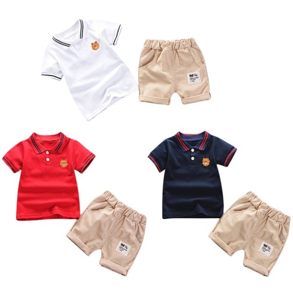 Boys 2-piece Suit T-shirt Shorts Turn-down Collar Short Sleeves Pockets - Image 8