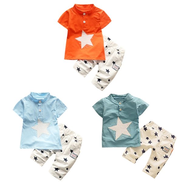 Boys 2-piece Suit T-shirt Shorts Star Button Stand Collar Short Sleeves - Image 8