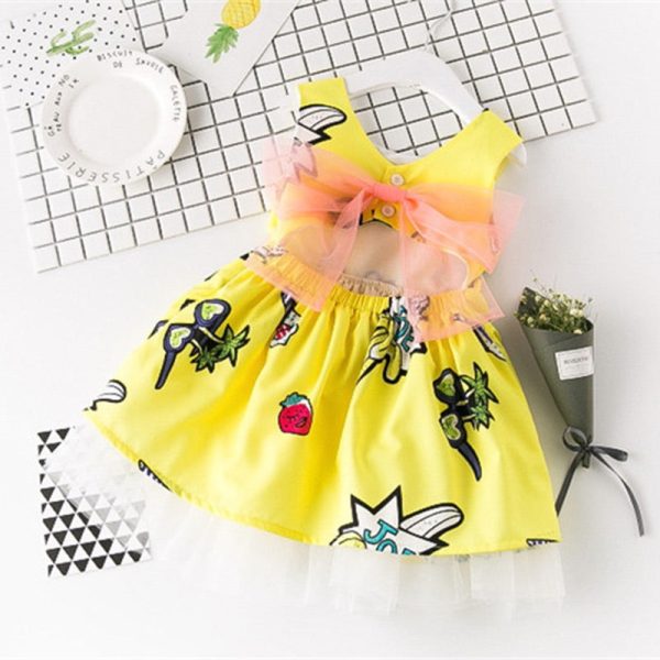 Bowknot Mesh Cut Out Girl Dress Round Collar Sleeveless Pattern Children Garment - Image 3
