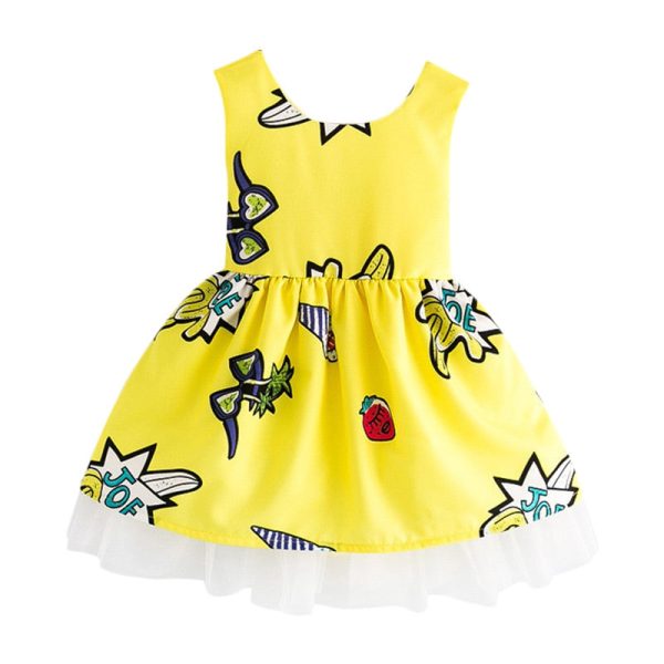 Bowknot Mesh Cut Out Girl Dress Round Collar Sleeveless Pattern Children Garment