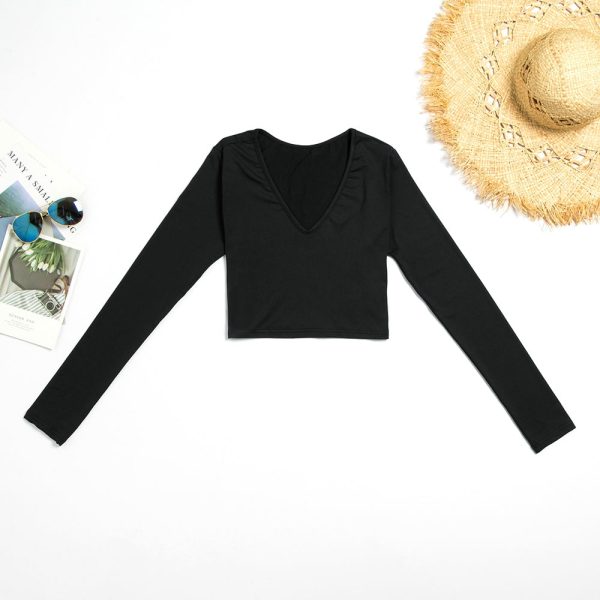 Bodycon Crop Top Long Sleeve Deep-V Women T-shirt
