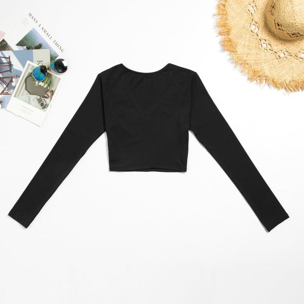 Bodycon Crop Top Long Sleeve Deep-V Women T-shirt - Image 4