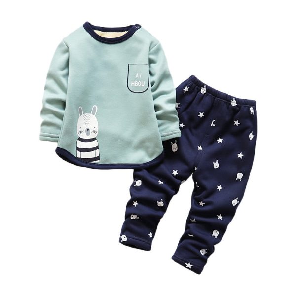 Cartoon Print Fleece Kid Two-piece Suit Round Collar Long Sleeve Children Garment