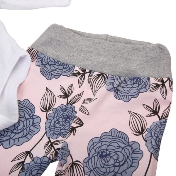 4-in-1 Floral Print Suit Top Pants Hat Hair Bend Set for Baby Girls - Image 5