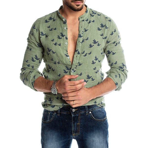 Bird Figure Allover Print Long Sleeve Casual Shirt
