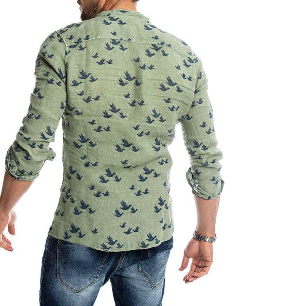 Bird Figure Allover Print Long Sleeve Casual Shirt - Image 3