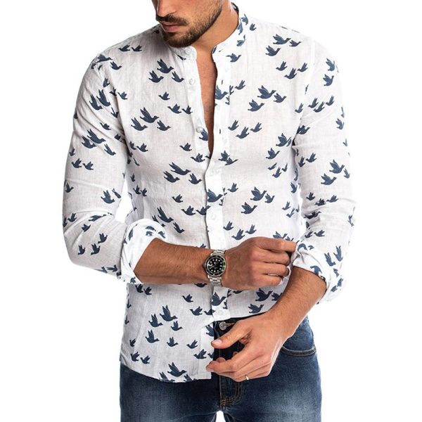 Bird Figure Allover Print Long Sleeve Casual Shirt - Image 6