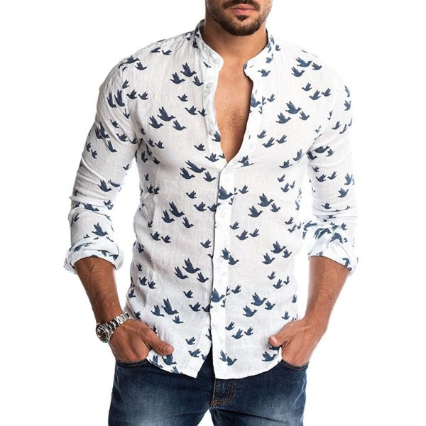 Bird Figure Allover Print Long Sleeve Casual Shirt - Image 5